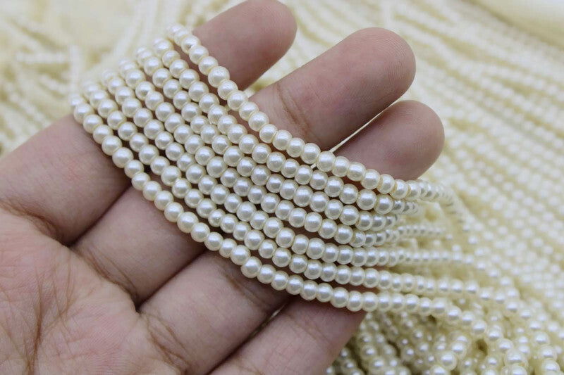 Cream Pearls 3mm Round Glass Pearl Beads - A Quality Supply