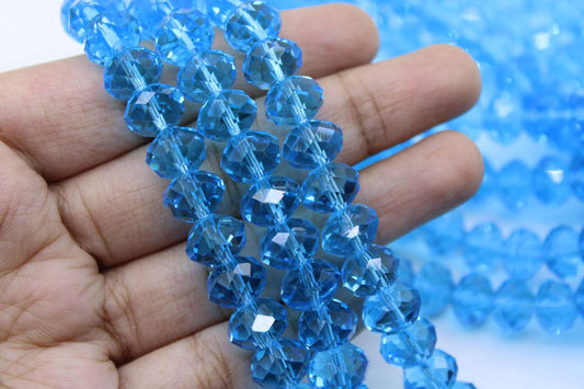 10mm Czech Rondelle Crystal Beads, Blue Topaz Transparent, 1 String, Superior quality beads, Jewelry supply.