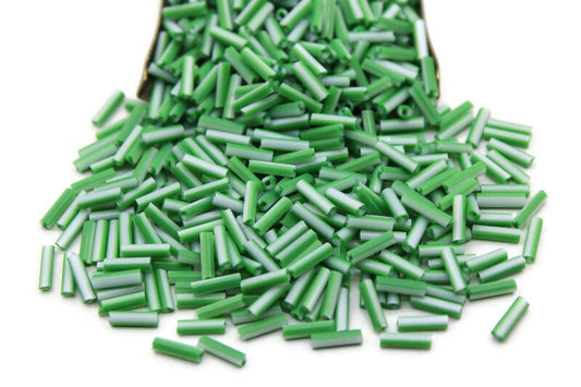 Czech Striped Bugle Beads, Green-White, Size 4, 20/50/100 Grams Packs, Vintage Czech Beads, Embroidery Beads, Jewelry Beads, Craft Supply, 03850/7