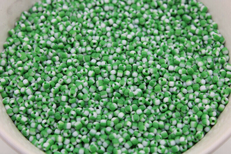 8/0 Green-White Striped Seed Beads, 20/50/100 Grams Packs, Embroidery Beads, Jewelry Beads, Craft Supply, Rondelle Beads, Indian Seed Beads, 471/3.