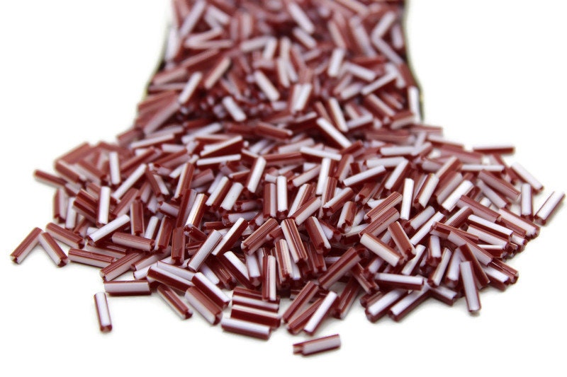 Czech Striped Bugle Beads, Burgundy-White, Size 4, 20/50/100 Grams Pack, Vintage Czech Beads, Embroidery Beads, Jewelry Beads, Craft Supply, 03910/1