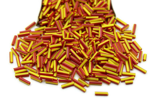 Czech Striped Bugle Beads, Yellow-Red, Size 4, 20/50/100 Grams Packs, Vintage Czech Beads, Embroidery Beads, Jewelry Beads, Craft Supply, 83971/6