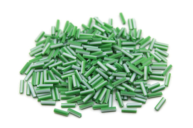 Czech Striped Bugle Beads, Green-White, Size 4, 20/50/100 Grams Packs, Vintage Czech Beads, Embroidery Beads, Jewelry Beads, Craft Supply, 03850/7