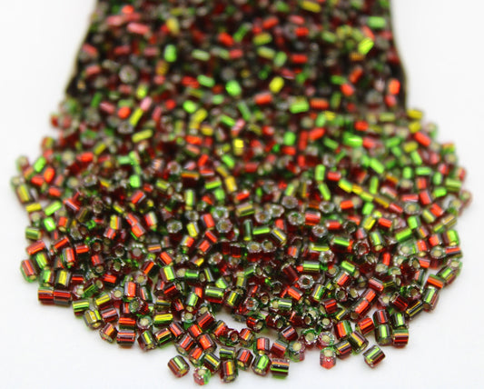 11/0 Preciosa 2 Cut Beads, Red And Green Silver Line, Christmas Tree Inspired, Hexagon Glass Czech Seed Beads, 20/50/100 Grams Pack, Preciosa Ornella Beads, 57797/S36